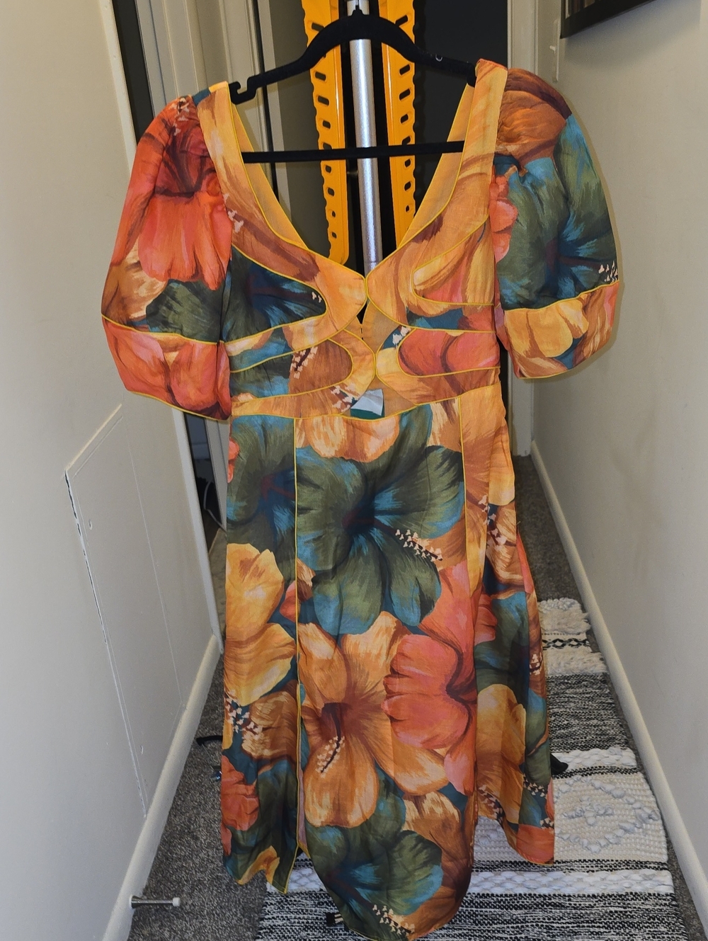 Farm Rio Floral Cutout Puff-Sleeve Midi Dress in Multi-Color